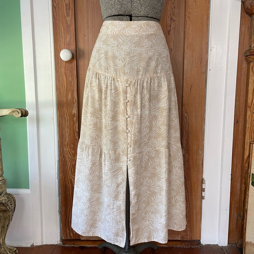 Midnight Sky Botanical Flax Blend Tiered Button Front Maxi Skirt Coastal Sz L 💚🎀 - Picture 2 of 10